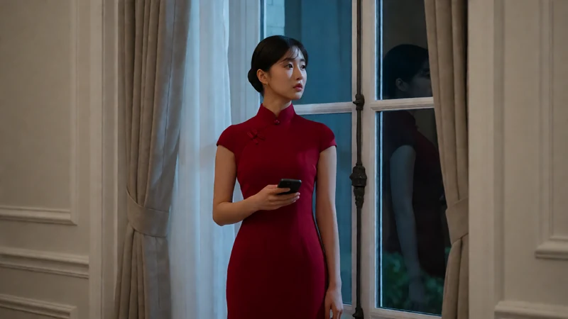 草莓视频旗袍短剧题材图：虚构成年女子穿深红旗袍站在夜间酒会窗边